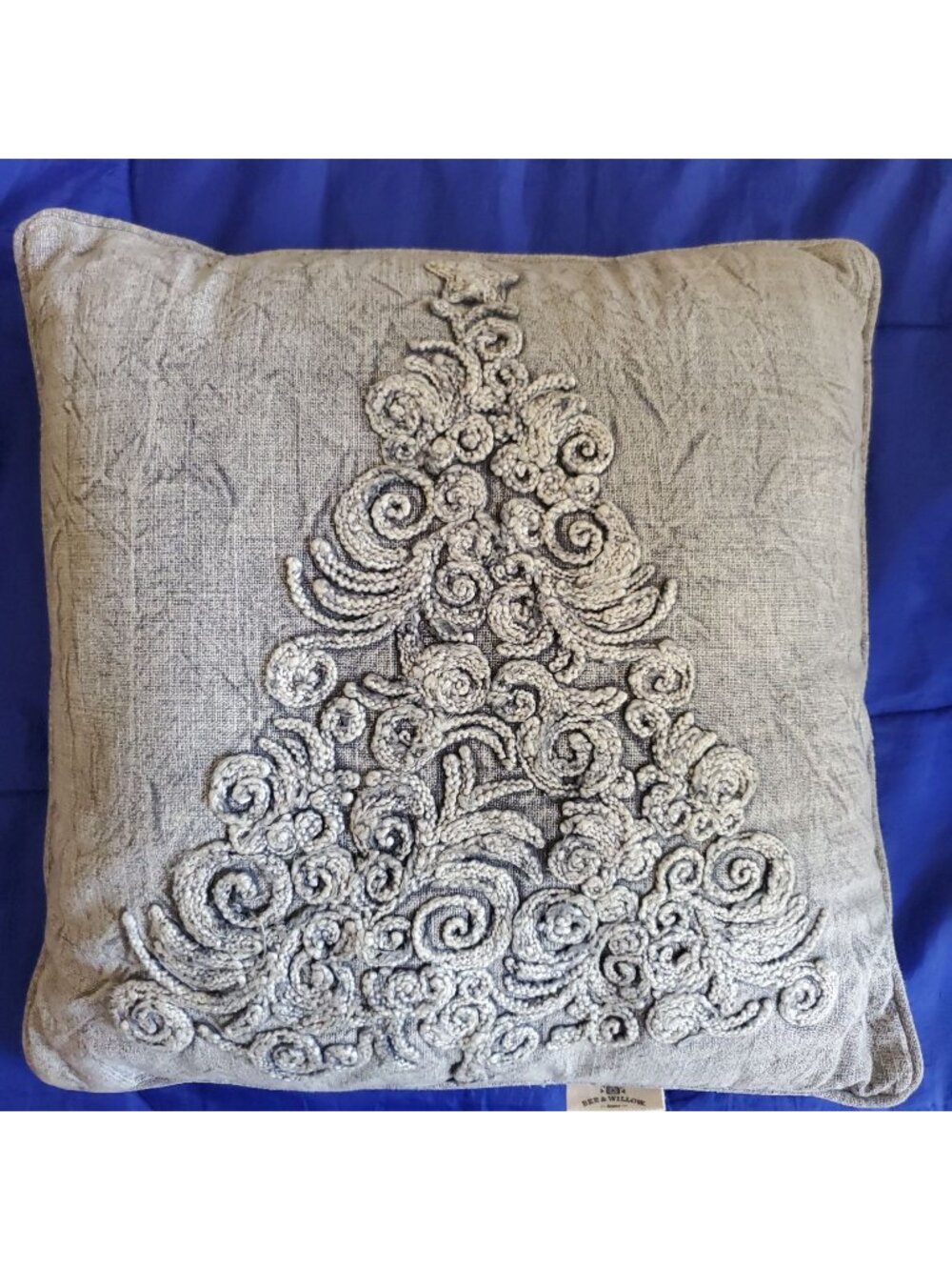 Vtg Bee & Willow 18"sq Cotton Embroidered Brocade Xmas Tree Pillow Textured Gray